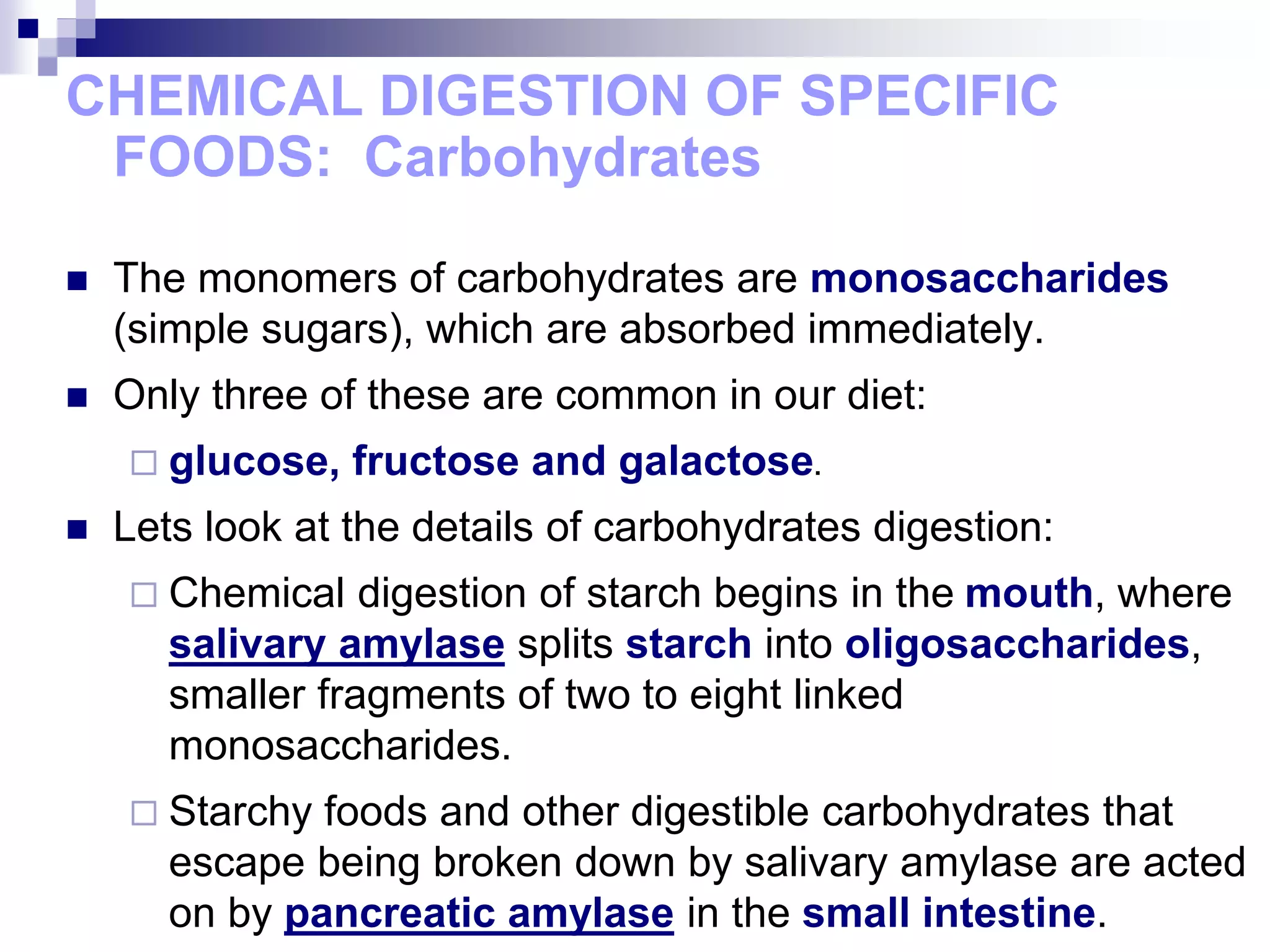 CHEMICAL DIGESTION OF SPECIFIC
FOODS: Carbohydrates
 The monomers of carbohydrates are monosaccharides
(simple sugars), which are absorbed immediately.
 Only three of these are common in our diet:
 glucose, fructose and galactose.
 Lets look at the details of carbohydrates digestion:
 Chemical digestion of starch begins in the mouth, where
salivary amylase splits starch into oligosaccharides,
smaller fragments of two to eight linked
monosaccharides.
 Starchy foods and other digestible carbohydrates that
escape being broken down by salivary amylase are acted
on by pancreatic amylase in the small intestine.
 