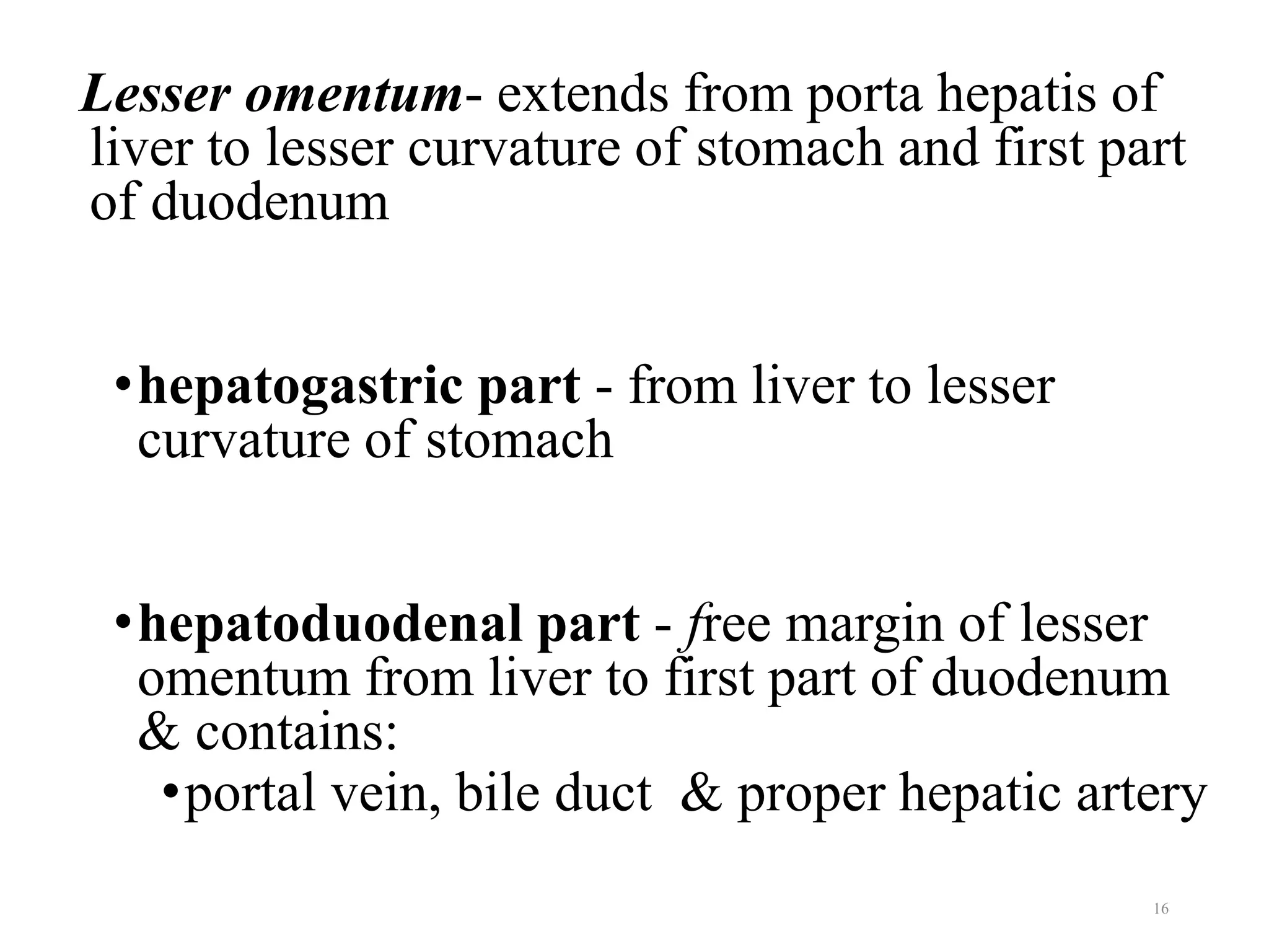 Lesser omentum- extends from porta hepatis of
liver to lesser curvature of stomach and first part
of duodenum
•hepatogastric part - from liver to lesser
curvature of stomach
•hepatoduodenal part - free margin of lesser
omentum from liver to first part of duodenum
& contains:
•portal vein, bile duct & proper hepatic artery
16
 