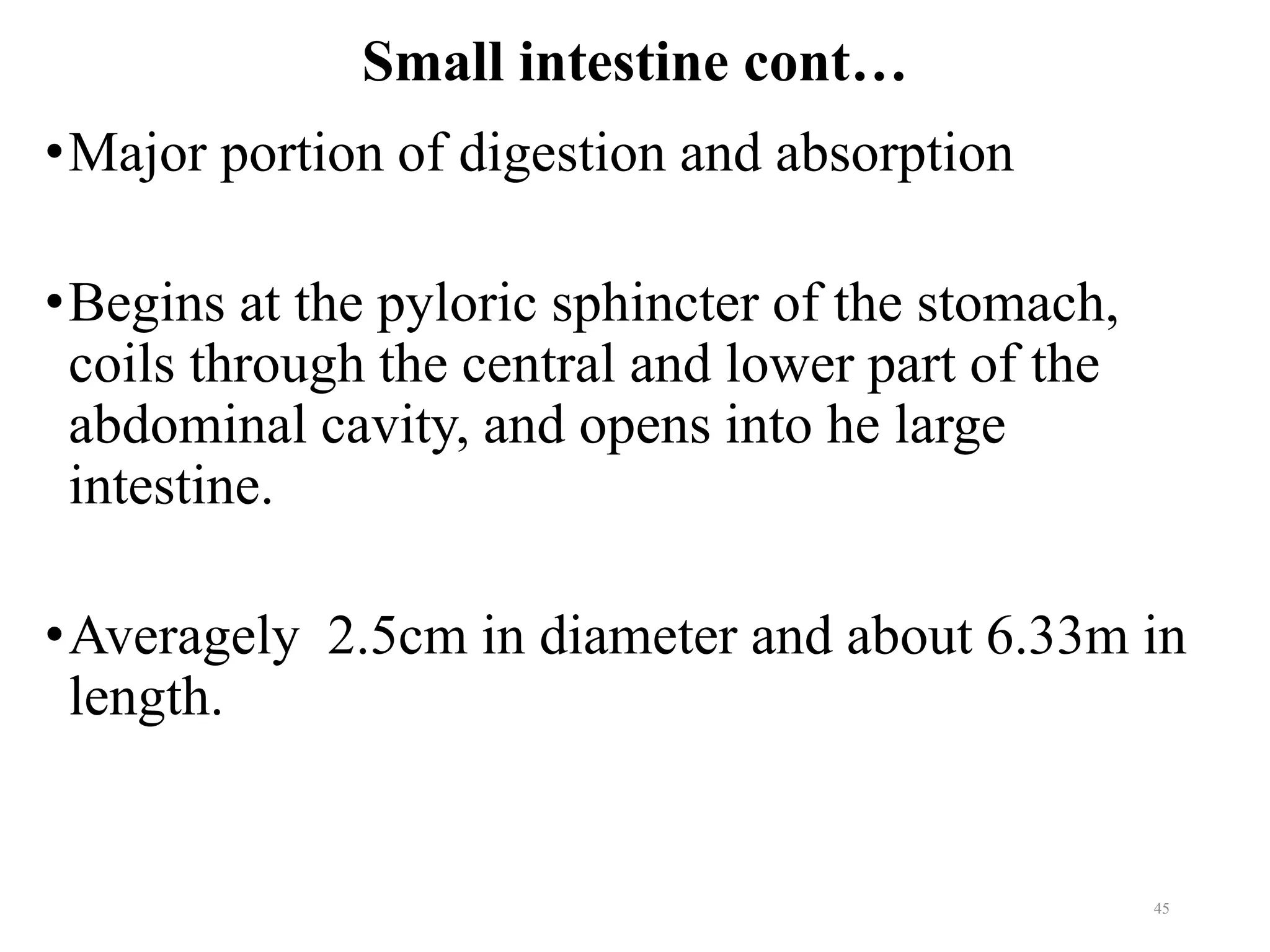 Small intestine cont…
•Major portion of digestion and absorption
•Begins at the pyloric sphincter of the stomach,
coils through the central and lower part of the
abdominal cavity, and opens into he large
intestine.
•Averagely 2.5cm in diameter and about 6.33m in
length.
45
 