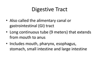 Digestive Tract
• Also called the alimentary canal or
  gastrointestinal (GI) tract
• Long continuous tube (9 meters) that extends
  from mouth to anus
• Includes mouth, pharynx, esophagus,
  stomach, small intestine and large intestine
 