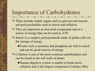 Importance of Carbohydrates These include simple sugars such as glucose and sucrose and polysaccharides such as starch and cellulose They are important as structural compounds and as a source of energy that can be used as ATP Starch is a complex polysaccharide made in plants cells for the storage of energy Foods such as potatoes and pumpkins are rich in starch and can be good sources of energy Cellulose is one of the most common carbohydrates and can be found in the cell walls of plants Human digestive system is unable to break down cellulose and is the largest component of dietary fiber 
