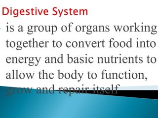 • is a group of organs working
together to convert food into
energy and basic nutrients to
allow the body to function,
grow and repair itself
 