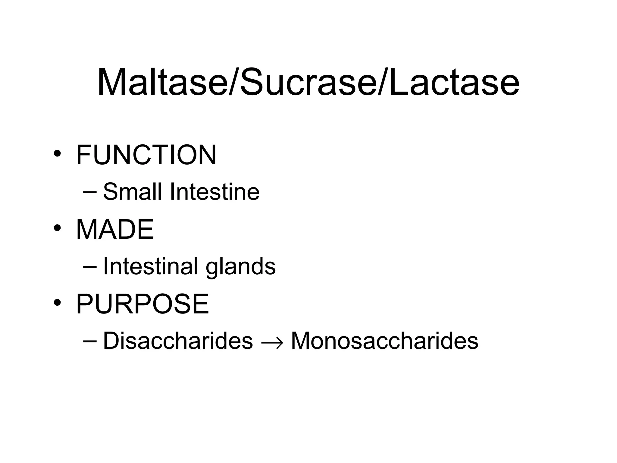 Maltase/Sucrase/Lactase
• FUNCTION
 – Small Intestine
• MADE
 – Intestinal glands
• PURPOSE
 – Disaccharides → Monosaccharides
 