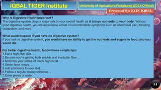 University of Agriculture Faisalabad (2021-Official)
Presented By: ZAIN IQBAL
14
Why is Digestive Health Important?
The digestive system plays a major role in your overall health as it brings nutrients to your body. Without
good digestive health, you will experience a host of uncomfortable symptoms such as abdominal pain, bloating,
indigestion, and more.
What would happen if you have no digestive system?
If you had no digestive system, you would have no ability to get the nutrients and sugars in food, and you
would die.
For better digestive health, follow these simple tips:
1.Eat a high-fiber diet. ...
2.Be sure you're getting both soluble and insoluble fiber. ...
3.Minimize your intake of foods high in fat. ...
4.Select lean meats. ...
5.Add probiotics to your diet. ...
6.Follow a regular eating schedule. ...
7.Drink plenty of water.
IQBAL TIGER Institute
 