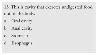 13. This is cavity that excretes undigested food
out of the body.
a. Oral cavity
b. Anal cavity
c. Stomach
d. Esophagus
 