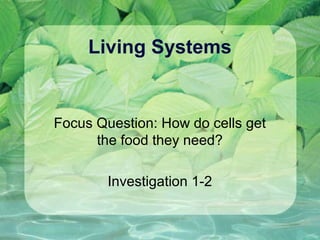 Living Systems
Focus Question: How do cells get
the food they need?
Investigation 1-2
 