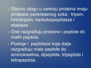 • Glavnu ulogu u varenju proteina imaju
proteaze pankreasnog soka: tripsin,
himotripsin, karboksipeptidaze i
elastaze.
• One razgrađuju proteine i peptide do
malih peptida.
• Postoje i peptidaze koje dalje
razgrađuju male peptide do
aminokiselina, dipeptida, tripeptida i
tetrapeptida.
 