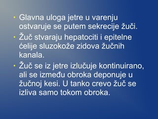 •
•

•

Glavna uloga jetre u varenju
ostvaruje se putem sekrecije žuči.
Žuč stvaraju hepatociti i epitelne
ćelije sluzokože zidova žučnih
kanala.
Žuč se iz jetre izlučuje kontinuirano,
ali se između obroka deponuje u
žučnoj kesi. U tanko crevo žuč se
izliva samo tokom obroka.

 