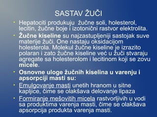 SASTAV ŽUČI
•
•

•
•
•

Hepatociti produkuju žučne soli, holesterol,
lecitin, žučne boje i izotonični rastvor elektrolita.
Žučne kiseline su najzastupljeniji sastojak suve
materije žuči. One nastaju oksidacijom
holesterola. Molekul žučne kiseline je izrazito
polaran i zato žučne kiseline već u žuči stvaraju
agregate sa holesterolom i lecitinom koji se zovu
micele.
Osnovne uloge žučnih kiselina u varenju i
apsorpciji masti su:
Emulgovanje masti unetih hranom u sitne
kapljice, čime se olakšava delovanje lipaza
Formiranje mešovitih micela rastvorljivih u vodi
sa produktima varenja masti, čime se olakšava
apsorpcija produkta varenja masti.

 
