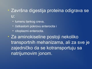 •

Završna digestija proteina odigrava se
u:
• lumenu tankog creva,
• četkastom pokrovu enterocita i
• citoplazmi enterocita.

•

Za aminokiseline postoji nekoliko
transportnih mehanizama, ali za sve je
zajedničko da se kotransportuju sa
natrijumovim jonom.

 