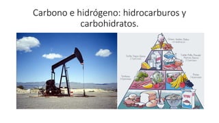 Carbono e hidrógeno: hidrocarburos y
carbohidratos.
 
