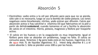 Absorción 5
• Electrolitos: sodio entra a la cél por difusión pero para que no se pierda,
sólo sale si es necesario, luego se usa la bomba de sodio-potasio. Los iones
negativos como bicarbonato, nitritos, yodo entran por difusión. Calcio por
absorción activa si hay calcitriol o vitamina D3 que fabricamos en la piel a
partir de dehidrocolesterol, cuando tomamos el sol y facilita la absorción
de calcio en el intestino. Hierro, potasio, magnesio y fósforo por trasporte
activo.
• El calcio en los huesos y en la coagulación es muy importante. Igual el
fósforo pero éste se absorbe sin problemas, luego no falta. El calcio se
consume poco. Tenemos 1 Kg pero todo está en los huesos. Ingerimos 2.1L
de agua más 7L de líquidos digestivos: 9.1. Intest delg absorbe 8 L y el
colon absorbe 1. Sólo se pierden unos 100 cc por las heces.
 