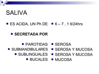 SALIVA  ES ACIDA, UN Ph DE  SECRETADA POR PAROTIDAS SUBMANDIBULARES SUBLINGUALES BUCALES 6 – 7 , 1 lt/24hrs SEROSA SEROSA Y MUCOSA SEROSA Y MUCOSA MUCOSA 