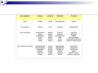 Suco digestivo Enzima pH ótimo Substrato Produtos Saliva Ptialina neutro polissacarídeos maltose Suco gástrico Pepsina ácido proteínas oligopeptídeos Suco pancreático Quimiotripsina Tripsina Amilopepsina Rnase Dnase Lipase alcalino alcalino alcalino alcalino alcalino alcalino proteínas proteínas polissacarídeos RNA DNA lipídeos peptídeos peptídeos maltose ribonucleotídeos desoxirribonucleotídeos glicerol e ácidos graxos Suco intestinal ou entérico Carboxipeptidase Aminopeptidase Dipeptidase Maltase Sacarase Lactase alcalino alcalino alcalino alcalino alcalino alcalino oligopeptídeos oligopeptídeos dipeptídeos maltose sacarose lactose aminoácidos aminoácidos aminoácidos glicose glicose e frutose glicose e galactose 