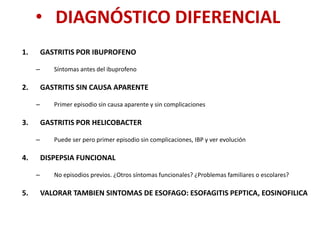 • DIAGNÓSTICO DIFERENCIAL
1. GASTRITIS POR IBUPROFENO
– Síntomas antes del ibuprofeno
2. GASTRITIS SIN CAUSA APARENTE
– Primer episodio sin causa aparente y sin complicaciones
3. GASTRITIS POR HELICOBACTER
– Puede ser pero primer episodio sin complicaciones, IBP y ver evolución
4. DISPEPSIA FUNCIONAL
– No episodios previos. ¿Otros síntomas funcionales? ¿Problemas familiares o escolares?
5. VALORAR TAMBIEN SINTOMAS DE ESOFAGO: ESOFAGITIS PEPTICA, EOSINOFILICA
 