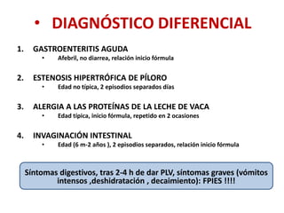 • DIAGNÓSTICO DIFERENCIAL
1. GASTROENTERITIS AGUDA
• Afebril, no diarrea, relación inicio fórmula
2. ESTENOSIS HIPERTRÓFICA DE PÍLORO
• Edad no típica, 2 episodios separados días
3. ALERGIA A LAS PROTEÍNAS DE LA LECHE DE VACA
• Edad típica, inicio fórmula, repetido en 2 ocasiones
4. INVAGINACIÓN INTESTINAL
• Edad (6 m-2 años ), 2 episodios separados, relación inicio fórmula
Síntomas digestivos, tras 2-4 h de dar PLV, síntomas graves (vómitos
intensos ,deshidratación , decaimiento): FPIES !!!!
 