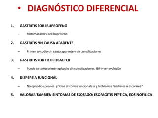 • DIAGNÓSTICO DIFERENCIAL
1. GASTRITIS POR IBUPROFENO
– Síntomas antes del ibuprofeno
2. GASTRITIS SIN CAUSA APARENTE
– Pr...