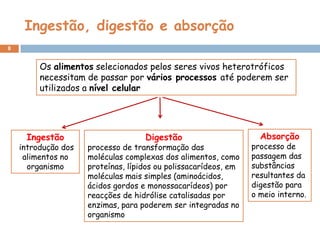 Ingestão, digestão e absorção
8


         Os alimentos selecionados pelos seres vivos heterotróficos
         necessitam de passar por vários processos até poderem ser
         utilizados a nível celular




     Ingestão                       Digestão                       Absorção
    introdução dos   processo de transformação das               processo de
     alimentos no    moléculas complexas dos alimentos, como     passagem das
      organismo      proteínas, lípidos ou polissacarídeos, em   substâncias
                     moléculas mais simples (aminoácidos,        resultantes da
                     ácidos gordos e monossacarídeos) por        digestão para
                     reacções de hidrólise catalisadas por       o meio interno.
                     enzimas, para poderem ser integradas no
                     organismo
 