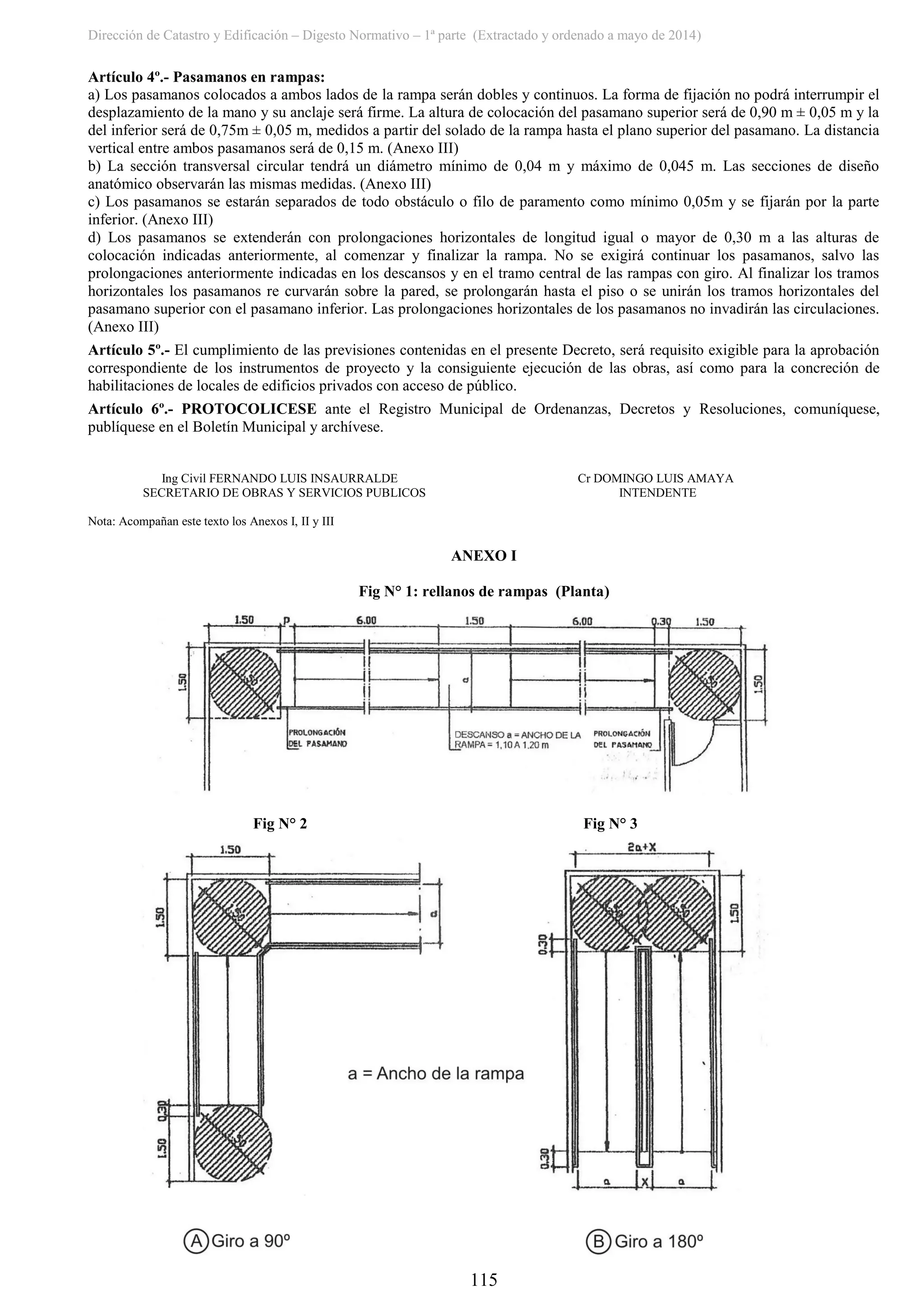 Dirección de Catastro y Edificación – Digesto Normativo – 1ª parte (Extractado y ordenado a mayo de 2014)
115
Artículo 4º.- Pasamanos en rampas:
a) Los pasamanos colocados a ambos lados de la rampa serán dobles y continuos. La forma de fijación no podrá interrumpir el
desplazamiento de la mano y su anclaje será firme. La altura de colocación del pasamano superior será de 0,90 m ± 0,05 m y la
del inferior será de 0,75m ± 0,05 m, medidos a partir del solado de la rampa hasta el plano superior del pasamano. La distancia
vertical entre ambos pasamanos será de 0,15 m. (Anexo III)
b) La sección transversal circular tendrá un diámetro mínimo de 0,04 m y máximo de 0,045 m. Las secciones de diseño
anatómico observarán las mismas medidas. (Anexo III)
c) Los pasamanos se estarán separados de todo obstáculo o filo de paramento como mínimo 0,05m y se fijarán por la parte
inferior. (Anexo III)
d) Los pasamanos se extenderán con prolongaciones horizontales de longitud igual o mayor de 0,30 m a las alturas de
colocación indicadas anteriormente, al comenzar y finalizar la rampa. No se exigirá continuar los pasamanos, salvo las
prolongaciones anteriormente indicadas en los descansos y en el tramo central de las rampas con giro. Al finalizar los tramos
horizontales los pasamanos re curvarán sobre la pared, se prolongarán hasta el piso o se unirán los tramos horizontales del
pasamano superior con el pasamano inferior. Las prolongaciones horizontales de los pasamanos no invadirán las circulaciones.
(Anexo III)
Artículo 5º.- El cumplimiento de las previsiones contenidas en el presente Decreto, será requisito exigible para la aprobación
correspondiente de los instrumentos de proyecto y la consiguiente ejecución de las obras, así como para la concreción de
habilitaciones de locales de edificios privados con acceso de público.
Artículo 6º.- PROTOCOLICESE ante el Registro Municipal de Ordenanzas, Decretos y Resoluciones, comuníquese,
publíquese en el Boletín Municipal y archívese.
Ing Civil FERNANDO LUIS INSAURRALDE Cr DOMINGO LUIS AMAYA
SECRETARIO DE OBRAS Y SERVICIOS PUBLICOS INTENDENTE
Nota: Acompañan este texto los Anexos I, II y III
ANEXO I
Fig N° 1: rellanos de rampas (Planta)
Fig N° 2 Fig N° 3
 