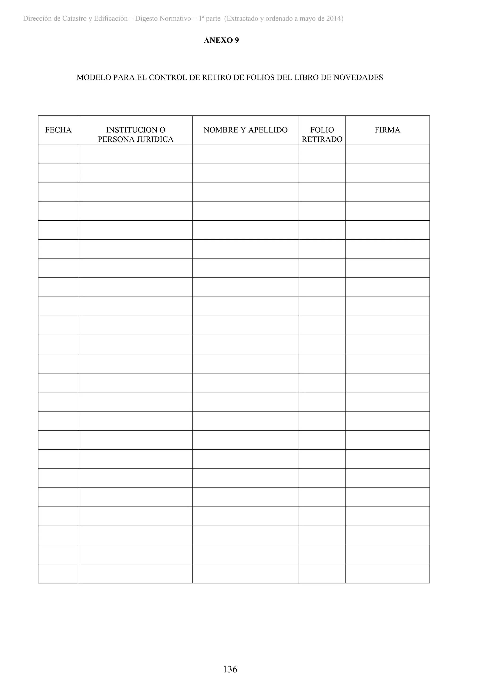Dirección de Catastro y Edificación – Digesto Normativo – 1ª parte (Extractado y ordenado a mayo de 2014)
136
ANEXO 9
MODELO PARA EL CONTROL DE RETIRO DE FOLIOS DEL LIBRO DE NOVEDADES
FECHA INSTITUCION O
PERSONA JURIDICA
NOMBRE Y APELLIDO FOLIO
RETIRADO
FIRMA
 