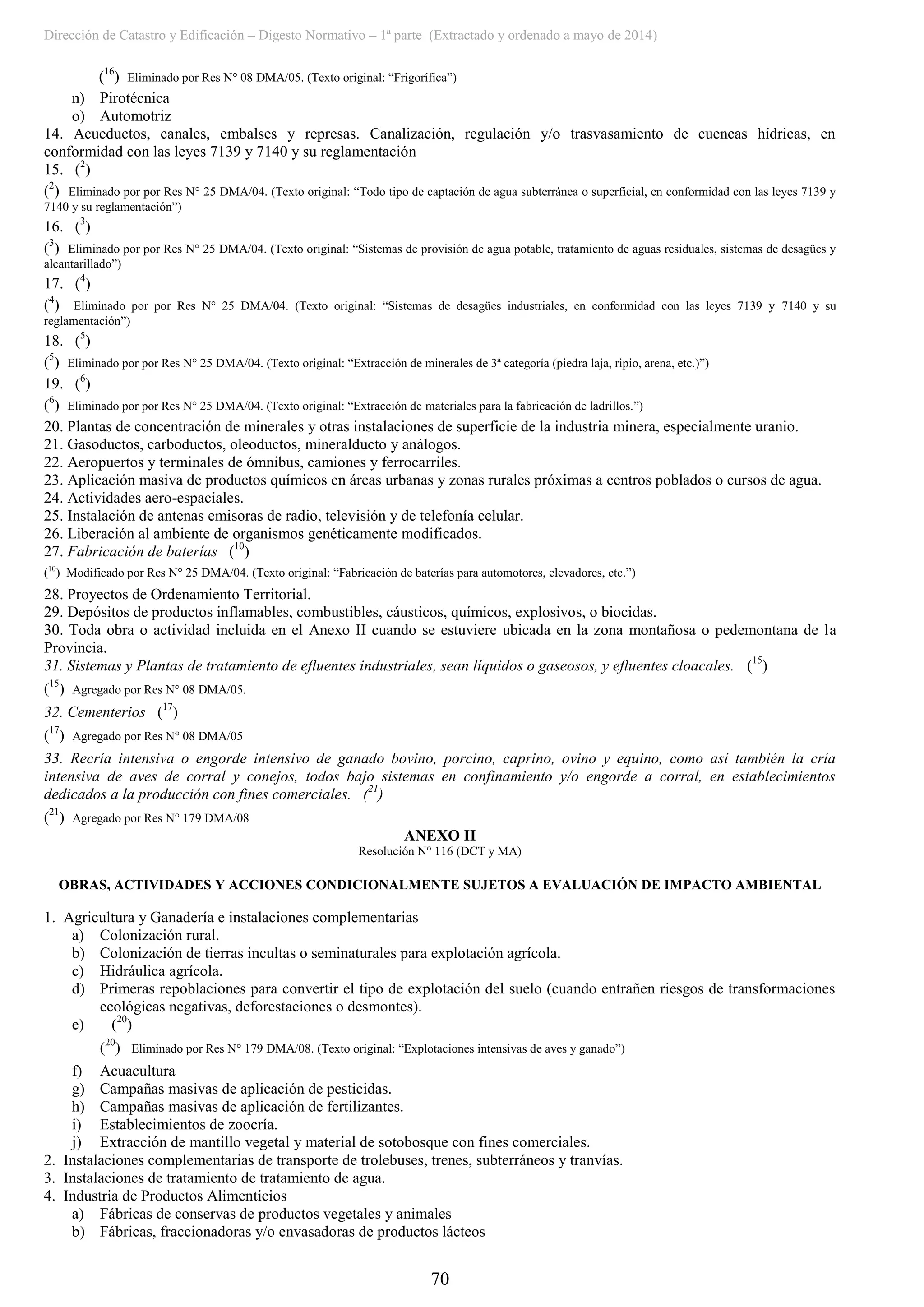 Dirección de Catastro y Edificación – Digesto Normativo – 1ª parte (Extractado y ordenado a mayo de 2014)
70
(16
) Eliminado por Res N° 08 DMA/05. (Texto original: “Frigorífica”)
n) Pirotécnica
o) Automotriz
14. Acueductos, canales, embalses y represas. Canalización, regulación y/o trasvasamiento de cuencas hídricas, en
conformidad con las leyes 7139 y 7140 y su reglamentación
15. (2
)
(2
) Eliminado por por Res N° 25 DMA/04. (Texto original: “Todo tipo de captación de agua subterránea o superficial, en conformidad con las leyes 7139 y
7140 y su reglamentación”)
16. (3
)
(3
) Eliminado por por Res N° 25 DMA/04. (Texto original: “Sistemas de provisión de agua potable, tratamiento de aguas residuales, sistemas de desagües y
alcantarillado”)
17. (4
)
(4
) Eliminado por por Res N° 25 DMA/04. (Texto original: “Sistemas de desagües industriales, en conformidad con las leyes 7139 y 7140 y su
reglamentación”)
18. (5
)
(5
) Eliminado por por Res N° 25 DMA/04. (Texto original: “Extracción de minerales de 3ª categoría (piedra laja, ripio, arena, etc.)”)
19. (6
)
(6
) Eliminado por por Res N° 25 DMA/04. (Texto original: “Extracción de materiales para la fabricación de ladrillos.”)
20. Plantas de concentración de minerales y otras instalaciones de superficie de la industria minera, especialmente uranio.
21. Gasoductos, carboductos, oleoductos, mineralducto y análogos.
22. Aeropuertos y terminales de ómnibus, camiones y ferrocarriles.
23. Aplicación masiva de productos químicos en áreas urbanas y zonas rurales próximas a centros poblados o cursos de agua.
24. Actividades aero-espaciales.
25. Instalación de antenas emisoras de radio, televisión y de telefonía celular.
26. Liberación al ambiente de organismos genéticamente modificados.
27. Fabricación de baterías (10
)
(10
) Modificado por Res N° 25 DMA/04. (Texto original: “Fabricación de baterías para automotores, elevadores, etc.”)
28. Proyectos de Ordenamiento Territorial.
29. Depósitos de productos inflamables, combustibles, cáusticos, químicos, explosivos, o biocidas.
30. Toda obra o actividad incluida en el Anexo II cuando se estuviere ubicada en la zona montañosa o pedemontana de la
Provincia.
31. Sistemas y Plantas de tratamiento de efluentes industriales, sean líquidos o gaseosos, y efluentes cloacales. (15
)
(15
) Agregado por Res N° 08 DMA/05.
32. Cementerios (17
)
(17
) Agregado por Res N° 08 DMA/05
33. Recría intensiva o engorde intensivo de ganado bovino, porcino, caprino, ovino y equino, como así también la cría
intensiva de aves de corral y conejos, todos bajo sistemas en confinamiento y/o engorde a corral, en establecimientos
dedicados a la producción con fines comerciales. (21
)
(21
) Agregado por Res N° 179 DMA/08
ANEXO II
Resolución N° 116 (DCT y MA)
OBRAS, ACTIVIDADES Y ACCIONES CONDICIONALMENTE SUJETOS A EVALUACIÓN DE IMPACTO AMBIENTAL
1. Agricultura y Ganadería e instalaciones complementarias
a) Colonización rural.
b) Colonización de tierras incultas o seminaturales para explotación agrícola.
c) Hidráulica agrícola.
d) Primeras repoblaciones para convertir el tipo de explotación del suelo (cuando entrañen riesgos de transformaciones
ecológicas negativas, deforestaciones o desmontes).
e) (20
)
(20
) Eliminado por Res N° 179 DMA/08. (Texto original: “Explotaciones intensivas de aves y ganado”)
f) Acuacultura
g) Campañas masivas de aplicación de pesticidas.
h) Campañas masivas de aplicación de fertilizantes.
i) Establecimientos de zoocría.
j) Extracción de mantillo vegetal y material de sotobosque con fines comerciales.
2. Instalaciones complementarias de transporte de trolebuses, trenes, subterráneos y tranvías.
3. Instalaciones de tratamiento de tratamiento de agua.
4. Industria de Productos Alimenticios
a) Fábricas de conservas de productos vegetales y animales
b) Fábricas, fraccionadoras y/o envasadoras de productos lácteos
 