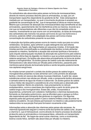 Aspectos Gerais da Fisiologia e Estrutura do Sistema Digestivo dos Peixes
Relacionados à Piscicultura
33
Os carboidratos são absorvidos pelos peixes na forma de monossacarídeos,
através do mesmo processo descrito para os aminoácidos, ou seja, por um
transportador específico dependente do gradiente de Na
+
. Este cotransporte é
mediado por um transportador, no qual o movimento da glicose é acoplado ao
gradiente de concentração do Na
+
, que é transportado à célula ao mesmo tempo.
Mesmo que o processo de absorção dos monossacarídeos seja semelhante ao dos
aminoácidos, aparentemente não há interferência entre os mesmos, levando-se a
crer que os transportadores são diferentes e que não há competição entre os
mesmos. Inversamente ao que ocorre com os aminoácidos, as taxas de transporte
dos carboidratos são menores nos peixes carnívoros do que nos herbívoros e
onívoros, podendo refletir uma adaptação dos peixes carnívoros à baixa
concentração de carboidratos presente na sua dieta.
A absorção dos lipídios pelos peixes ocorre do mesmo modo que para os outros
vertebrados. Os lipídios, após sofrerem a ação detergente dos sais biliares
produzidos no fígado, são fragmentados em pequenas micelas. A formação das
micelas permite a emulsificação ou solubilização dos lipídios no bolo alimentar
presente no intestino, facilitando a atuação das enzimas lipolíticas e formando o
quilo (líquido esbranquiçado resultado da absorção dos quilomícrons pelo sistema
linfático na última fase da digestão no intestino e que se juntará posteriormente ao
sistema sangüíneo). Os lipídios são absorvidos principalmente na forma de ácidos
graxos e monoglicerídios. Os ácidos graxos de cadeia curta são relativamente
hidrossolúveis e são absorvidos por difusão pelos enterócitos, passando pela
membrana apical através da bicamada lipídica e sendo lançados posteriormente
nos capilares sangüíneos.
As micelas tornam possível o contato dos ácidos graxos de cadeia longa e
monoglicerídios presentes no bolo alimentar com o sítio primário de absorção
lipídica, o bordo em escova das células mucosas intestinais. A partir daí, essas
substâncias entram nas células por difusão, onde o componente lipídico atravessa
a camada externa de água da micela e é absorvido. Os ácidos graxos de cadeia
curta e média não requerem a assistência de uma micela para a absorção pela
mucosa intestinal. Dentro do enterócito, mais precisamente no retículo
endoplasmático, ocorre a ressíntese dos triglicerídios a partir do ácido graxo de
cadeia longa e dos monoglicerídios. Esses são, então, incorporados a
lipoproteínas, juntamente com colesterol, fosfolipídios e vitaminas lipossolúveis,
formando os chamados quilomícrons, que se difundem para o sangue ou linfa e
são responsáveis pelo transporte das gorduras no organismo. Em algumas
espécies parte das gorduras podem ir para o sistema linfático antes de entrar no
sistema circulatório. Os sais biliares permanecem no intestino e são posteriormente
reabsorvidos na sua porção final para formarem novamente a bile.
Informações sobre a absorção das vitaminas pelos peixes são escassas. As
vitaminas lipossolúveis seguem a mesma sorte dos lipídios de cadeia curta. Já para
a vitamina C, que é hidrossolúvel, ocorre através do mesmo processo de absorção
já descrito para os aminoácidos e monossacarídeos, utilizando um transportador
dependente de Na
+
. No bagre-de-canal outras vitaminas, como a nicotinamida,
biotina e ácido fólico, também são absorvidas por difusão no intestino.
 