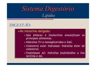 Sistema Digestório
Lipídios
DIGESTÃO:
•No Intestino delgado:
•No Intestino delgado:
• Sais biliares e lisolecitina emulsificam os
• Sais biliares e lisolecitina emulsificam os
principais alimentos.
principais alimentos.
• Hidrolisa Tri a monoglicerídeo e 2AG.
• Hidrolisa Tri a monoglicerídeo e 2AG.
• Colesterol ester hidrolase: hidrolisa éster de
• Colesterol ester hidrolase: hidrolisa éster de
colesterol.
colesterol.
• Fosfolipase A2: hidrolisa fosfolipídios a liso
• Fosfolipase A2: hidrolisa fosfolipídios a liso
lecitina e AG.
lecitina e AG.

 