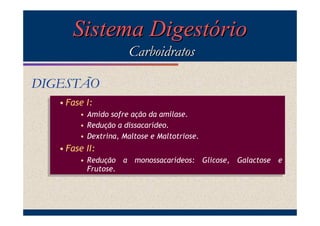 Sistema Digestório
Carboidratos
DIGESTÃO
• Fase I:
• Fase I:
• Amido sofre ação da amilase.
• Amido sofre ação da amilase.
• Redução a dissacarídeo.
• Redução a dissacarídeo.
• Dextrina, Maltose e Maltotriose.
• Dextrina, Maltose e Maltotriose.

• Fase II:
• Fase II:
• Redução a monossacarídeos: Glicose, Galactose e
• Redução a monossacarídeos: Glicose, Galactose e
Frutose.
Frutose.

 