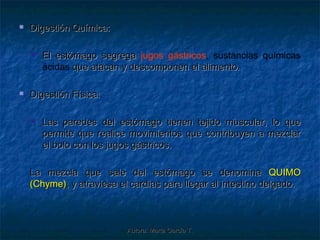    Digestión Química:

       El estómago segrega jugos gástricos, sustancias químicas
        ácidas que atacan y descomponen el alimento.

   Digestión Física:

       Las paredes del estómago tienen tejido muscular, lo que
        permite que realice movimientos que contribuyen a mezclar
        el bolo con los jugos gástricos.

    La mezcla que sale del estómago se denomina QUIMO
    (Chyme), y atraviesa el cardias para llegar al intestino delgado.



                           Autora: Marta García T.
 