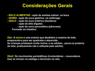 - BOLO ALIMENTAR - ação da amilase salivar: na boca
- QUIMO - ação do suco gástrico: no estômago
- QUILO - ação do suco entérico (duodeno)
- ação da bílis (fígado)
- ação do suco pancreático (pâncreas)
Formado no intestino
Considerações Gerais
Obs: A renina é uma enzima que desdobra a caseína do leite,
preparando-a para ser quebrada e absorvida.
As crianças produzem muita renina, e os adultos , pouca (a proteína
do leite, praticamente não é utilizada pelo adulto).
Obs2: Os movimentos peristálticos (involuntários – musculatura
lisa) se iniciam no esôfago e terminam no reto.
 