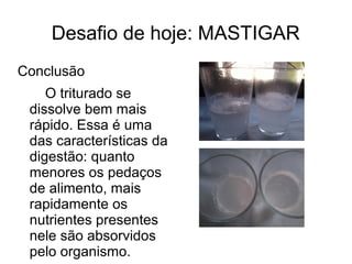 Desafio de hoje: MASTIGAR 
Conclusão 
O triturado se 
dissolve bem mais 
rápido. Essa é uma 
das características da 
digestão: quanto 
menores os pedaços 
de alimento, mais 
rapidamente os 
nutrientes presentes 
nele são absorvidos 
pelo organismo. 
 