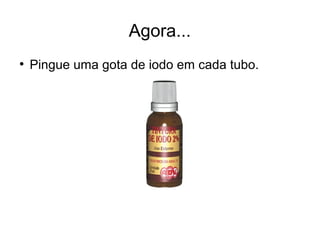 Agora... 
● Pingue uma gota de iodo em cada tubo. 
 