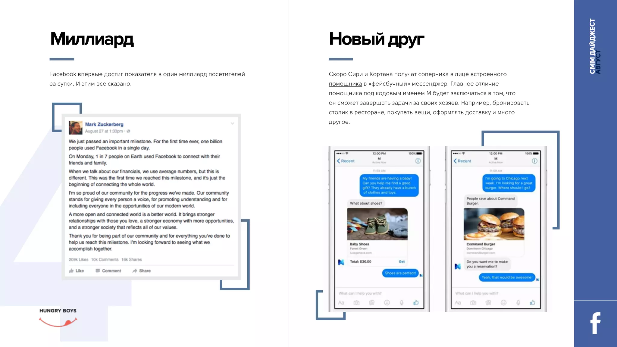СММДАЙДЖЕСТ
АВГУСТ
Facebook впервые достиг показателя в один миллиард посетителей 
за сутки. И этим все сказано.
4
Миллиард
Скоро Сири и Кортана получат соперника в лице встроенного
помощника в «фейсбучный» мессенджер. Главное отличие
помощника под кодовым именем М будет заключаться в том, что 
он сможет завершать задачи за своих хозяев. Например, бронировать
столик в ресторане, покупать вещи, оформлять доставку и много
другое.
Новыйдруг
 