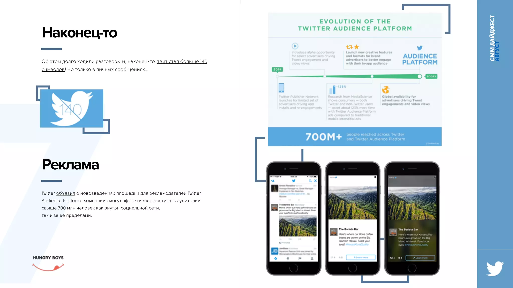СММДАЙДЖЕСТ
АВГУСТ
7
Об этом долго ходили разговоры и, наконец-то, твит стал больше 140
символов! Но только в личных сообщениях…
Наконец-то
Twitter объявил о нововведениях площадки для рекламодателей Twitter
Audience Platform. Компании смогут эффективнее достигать аудитории
свыше 700 млн человек как внутри социальной сети, 
так и за ее пределами.
Реклама
 