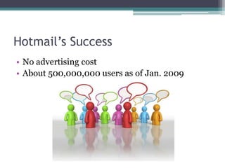 Hotmail’s SuccessNo advertising costAbout 500,000,000 users as of Jan. 2009