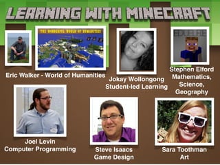 Eric Walker - World of Humanities
Stephen Elford
Mathematics,
Science,
Geography
Joel Levin
Computer Programming Sara Toothman
Art
Steve Isaacs
Game Design
Jokay Wollongong
Student-led Learning
 