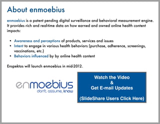 About enmoebius
enmoebius is a patent pending digital surveillance and behavioral measurement engine.
It provides rich and...