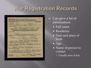 Death Records**INFORMANT**Not always, but a good deal of the time, the informant is a close family member, usually the next of kinCan help us trace other family membersWhen and where buried:Might give us a religious affiliationMight also help us find other family members in the same cemetery