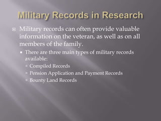 Death RecordsMortality ScheduleGives us: Name of deceasedAgeSexRaceMarital statusPlace of birth (sometimes that of the parents as well)Month of deathOccupationCause of deathPlace of death (county, state)These were only used for someone who died the same year the census was taken