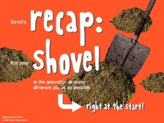 recap:
shovel
So let’s
Put your
in the ground in as many
different places as possible
right at the start!
Digging for the Bone
© 2014 Mark Simon Burk
 