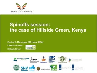 Spinoffs session:
  the case of Hillside Green, Kenya

Eunice K. Mwongera (BA Hons, MBA)
CEO & Founder
Hillside Green
 