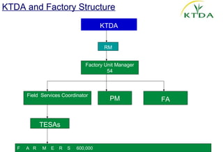 KTDA and Factory Structure

                                       KTDA


                                       RM


                                Factory Unit Manager
                                         54



       Field Services Coordinator
                                          PM           FA


             TESAs


   F   A R   M   E   R   S   600,000
 