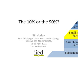 The 10% or the 90%?

             Bill Vorley
Seas of Change: What works when scaling
       inclusive agri-food markets?
             11-13 April 2012
             The Netherlands
 