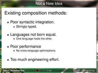 Not a New Idea

Existing composition methods:
Poor syntactic integration.
Stringly-typed.

Languages not born equal.
One language hosts the other.

Poor performance
No cross-language optimisations.

Too much engineering effort.
7 / 25

http://soft-dev.org/

 