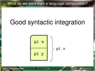 What do we want from a language composition?

Good syntactic integration
pl x
pl z

pl y

9 / 25

http://soft-dev.org/

 