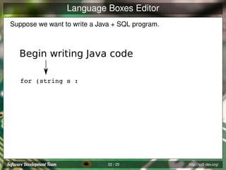 Language Boxes Editor
Suppose we want to write a Java + SQL program.

Begin writing Java code
for (string s :

22 / 25

http://soft-dev.org/

 