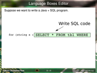 Language Boxes Editor
Suppose we want to write a Java + SQL program.

Write SQL code
for (string s :

SELECT * FROM tbl WHERE

22 / 25

http://soft-dev.org/

 