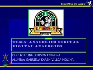 Tema: ANALOGICO DIGITAL DIGITAL ANALOGICO SISTEMAS DE VIDEO DOCENTE: ING. EDISON COIMBRA  ALUMNA: GABRIELA KAREN VILLCA MOLINA 