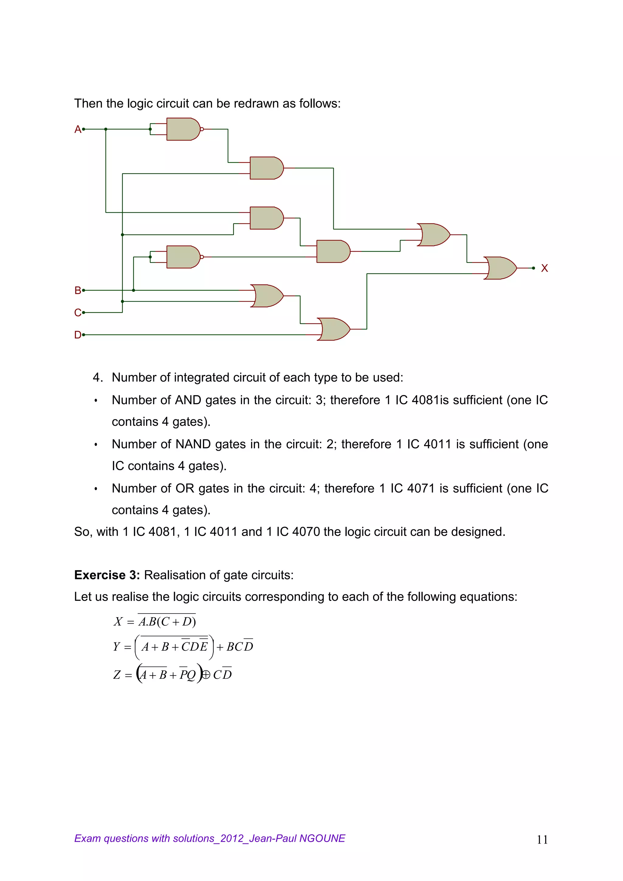 Then the logic circuit can be redrawn as follows:

A




                                                                                      X

B

C

D



    4. Number of integrated circuit of each type to be used:
       Number of AND gates in the circuit: 3; therefore 1 IC 4081is sufficient (one IC
        contains 4 gates).
       Number of NAND gates in the circuit: 2; therefore 1 IC 4011 is sufficient (one
        IC contains 4 gates).
       Number of OR gates in the circuit: 4; therefore 1 IC 4071 is sufficient (one IC
        contains 4 gates).
So, with 1 IC 4081, 1 IC 4011 and 1 IC 4070 the logic circuit can be designed.


Exercise 3: Realisation of gate circuits:
Let us realise the logic circuits corresponding to each of the following equations:
        X   A.B(C   D)
        Y    A B CD E         BC D

        Z    A B    PQ       CD




Exam questions with solutions_2012_Jean-Paul NGOUNE                                   11
 