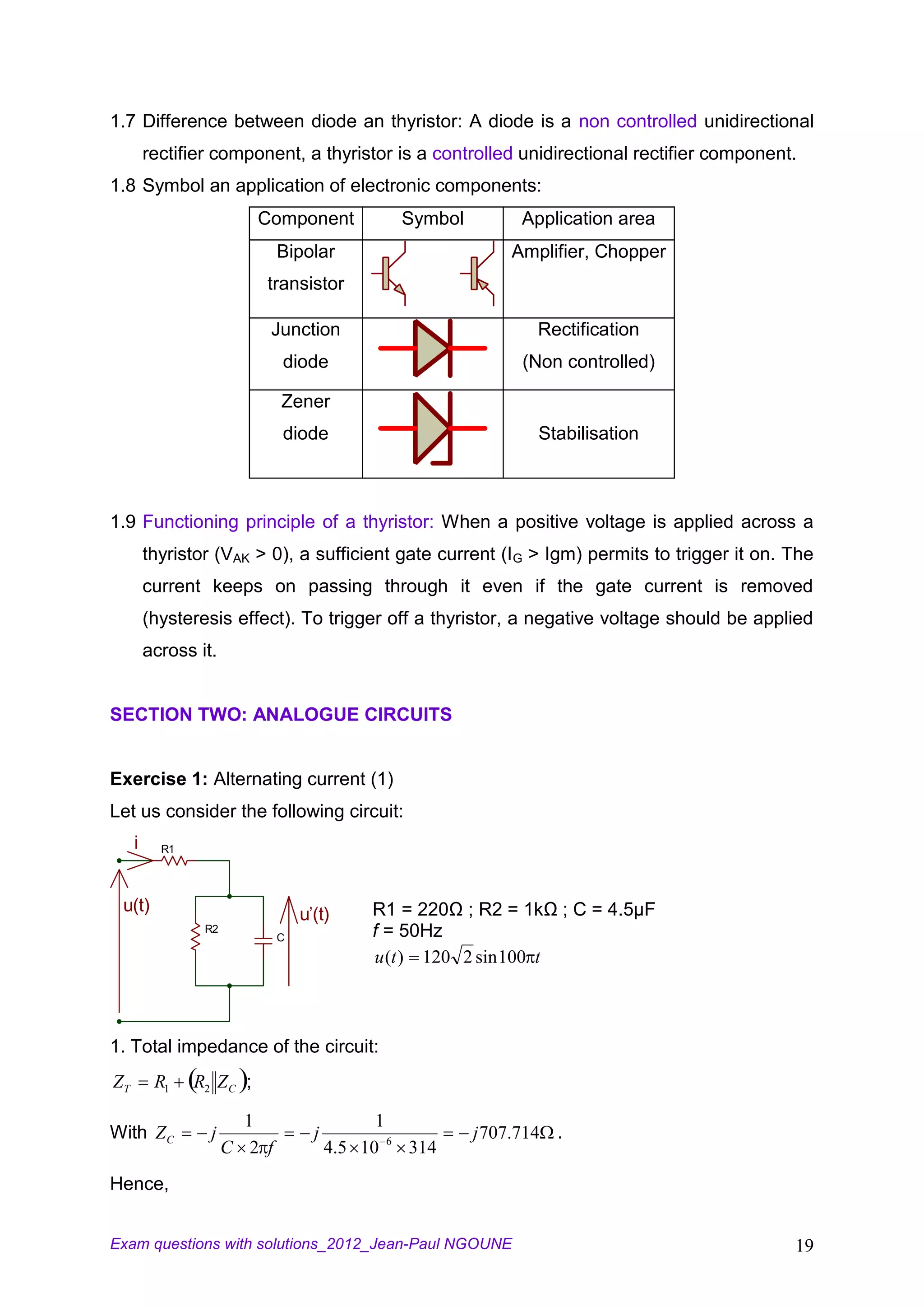 1.7 Difference between diode an thyristor: A diode is a non controlled unidirectional
         rectifier component, a thyristor is a controlled unidirectional rectifier component.
1.8 Symbol an application of electronic components:
                           Component            Symbol        Application area
                              Bipolar                        Amplifier, Chopper
                           transistor

                            Junction                            Rectification
                              diode                            (Non controlled)

                              Zener
                              diode                              Stabilisation



1.9 Functioning principle of a thyristor: When a positive voltage is applied across a
         thyristor (VAK > 0), a sufficient gate current (IG > Igm) permits to trigger it on. The
         current keeps on passing through it even if the gate current is removed
         (hysteresis effect). To trigger off a thyristor, a negative voltage should be applied
         across it.


SECTION TWO: ANALOGUE CIRCUITS


Exercise 1: Alternating current (1)
Let us consider the following circuit:
     i     R1




 u(t)                             u'(t)      R1 = 220Ω ; R2 = 1kΩ ; C = 4.5µF
                 R2
                              C              f = 50Hz
                                             u (t ) 120 2 sin 100 t



1. Total impedance of the circuit:
ZT        R1    R2 Z C ;

                        1                     1
With Z C          j                 j                    j 707.714 .
                      C 2 f             4.5 10 6 314
Hence,


Exam questions with solutions_2012_Jean-Paul NGOUNE                                          19
 
